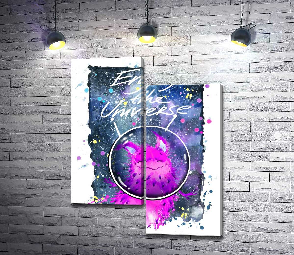 

Модульная картина ArtPoster Розовый монстр в шлеме возле надписи "Enjoy the Universe" 100x129 см Модуль №5