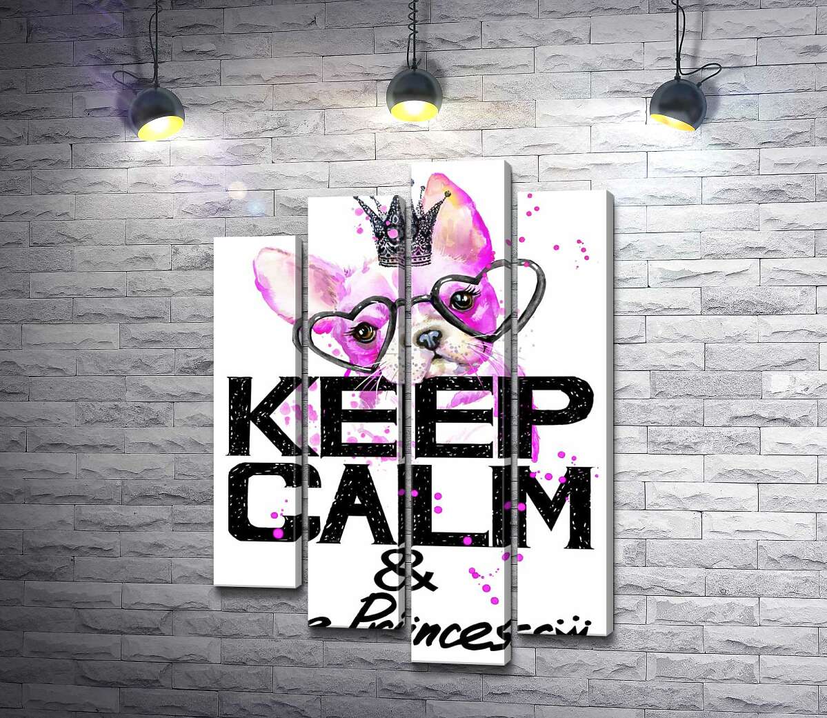

Модульная картина ArtPoster Розовый бульдог в очках и короне над надписью "keep calm and be princess" 80x118 см Модуль №21
