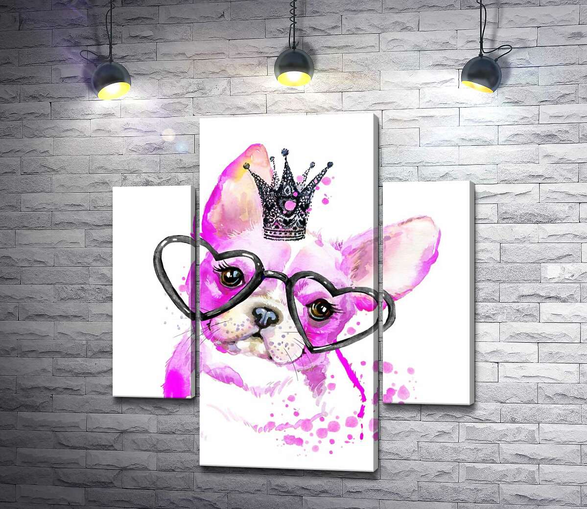

Модульная картина ArtPoster Розовый французский бульдог с короной и очками 131x144 см Модуль №7