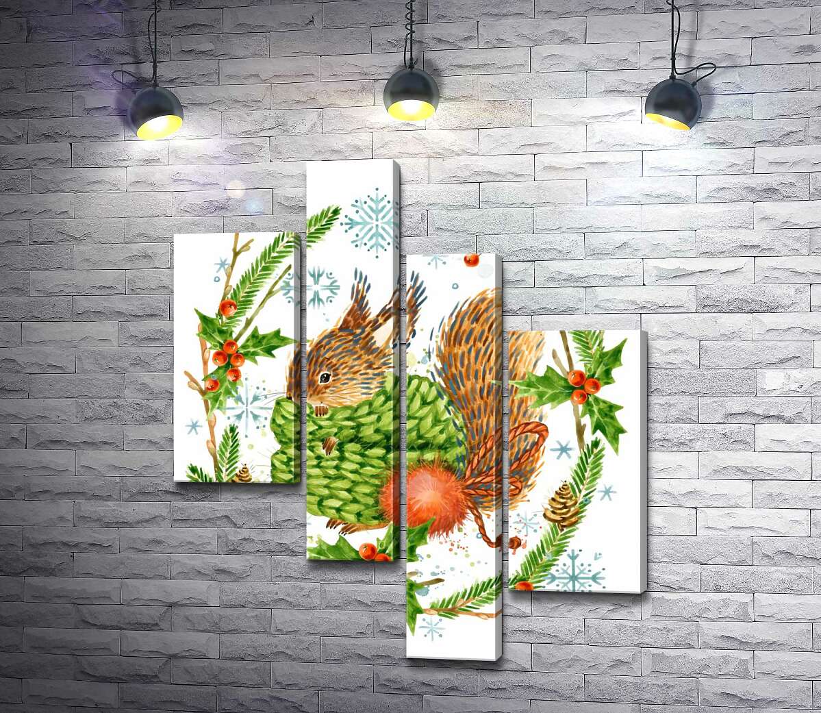 

Модульная картина ArtPoster Пушистая белка закуталась в шарф среди венка из остролиста и елки 130x159 см Модуль №20