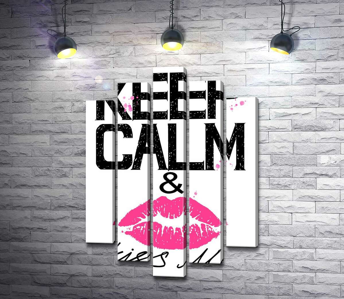 

Модульная картина ArtPoster Розовый отпечаток губ среди надписи "keep calm and kiss me" 130x192 см Модуль №26