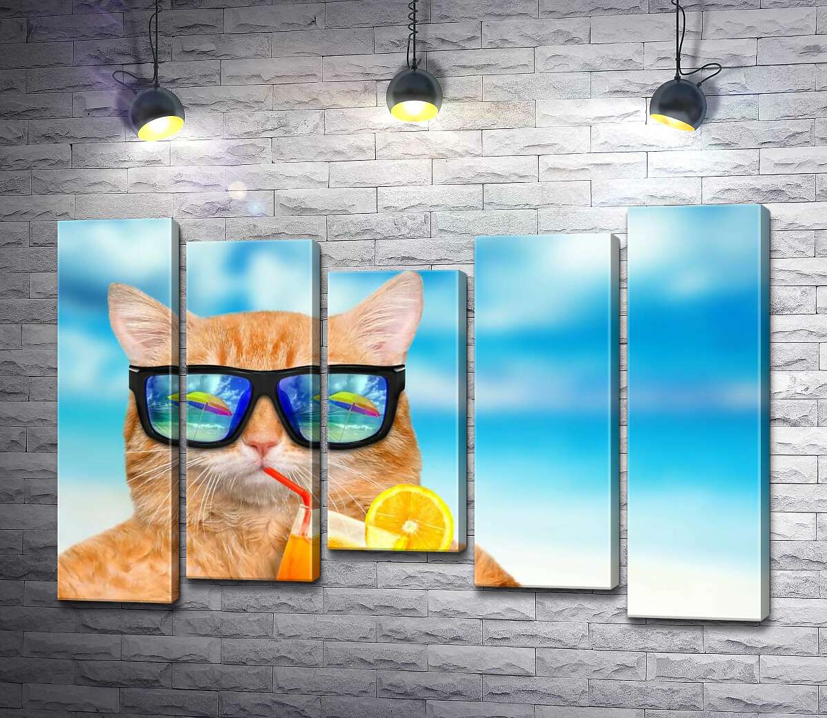 

Модульная картина ArtPoster Рыжий кот в отпуске пьет фреш на пляже 130x87 см Модуль №28