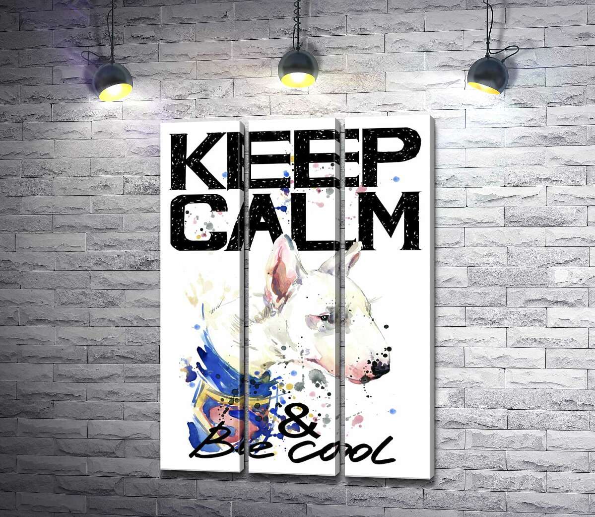 

Модульная картина ArtPoster Профиль бультерьера среди надписи "keep calm and be cool" 132x190 см Модуль №11