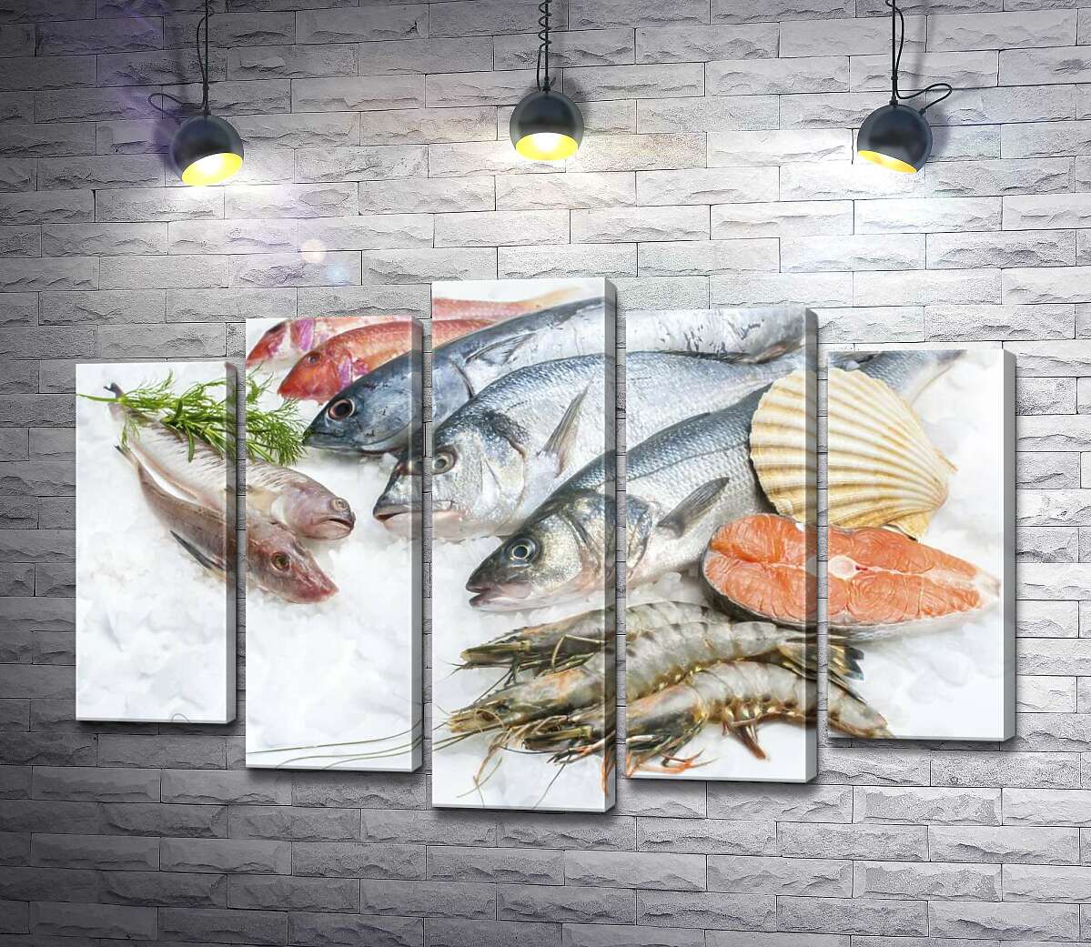 

Модульная картина ArtPoster Разнообразие морской рыбы и креветок на холоде льда 100x69 см Модуль №26