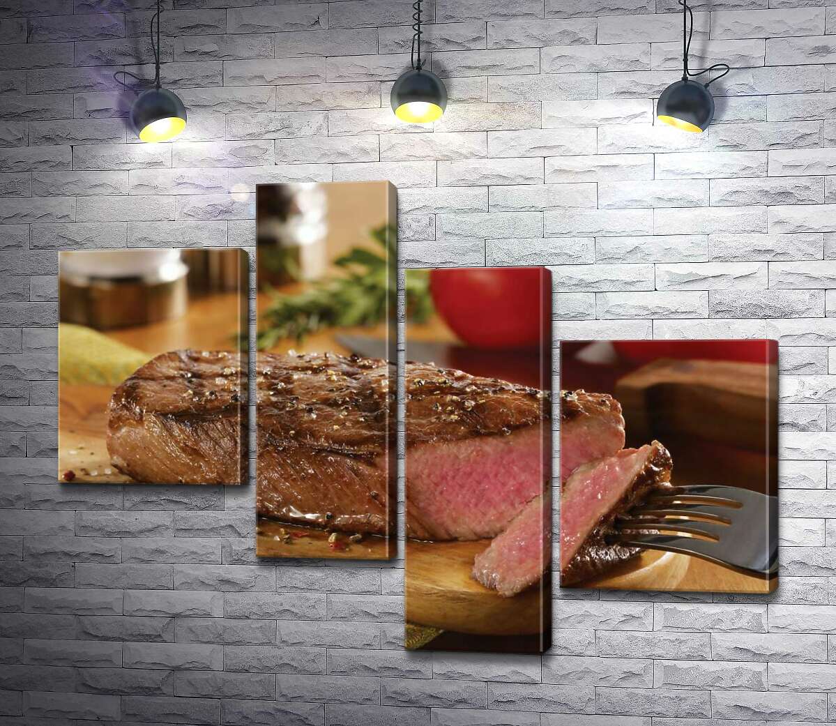 

Модульная картина ArtPoster Розовое мясо сочного стейка на фоне красных помидоров 100x77 см Модуль №20