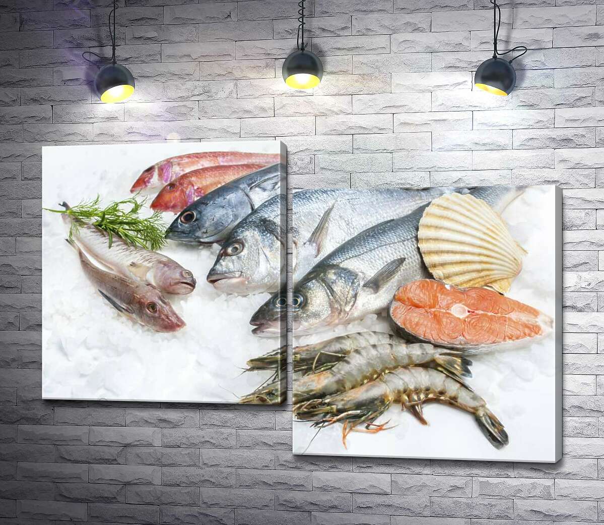 

Модульная картина ArtPoster Разнообразие морской рыбы и креветок на холоде льда 130x88 см Модуль №5