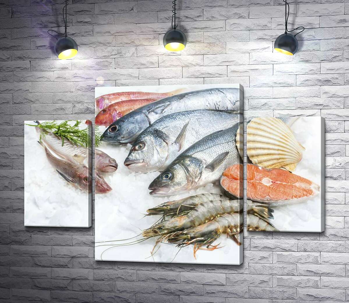 

Модульная картина ArtPoster Разнообразие морской рыбы и креветок на холоде льда 131x89 см Модуль №7