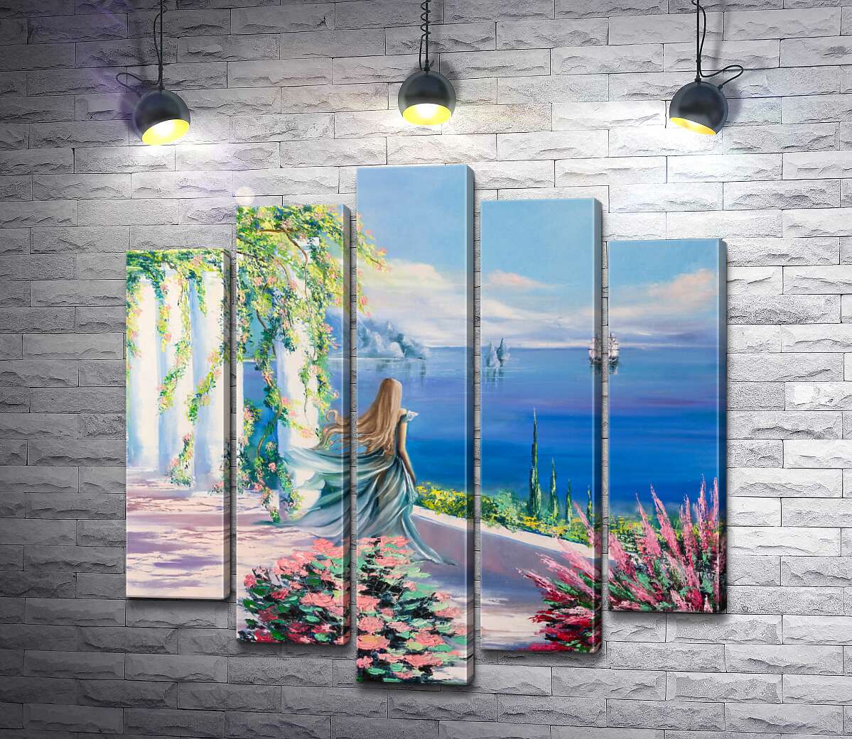 

Модульная картина ArtPoster Силуэт девушки, которая смотрит на море из сада 100x100 см Модуль №26