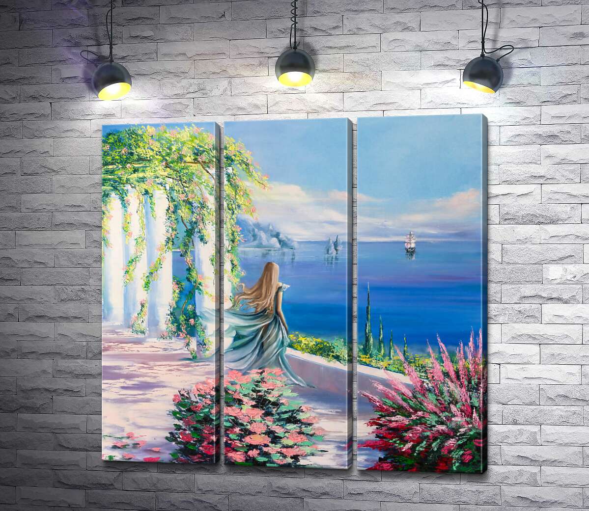 

Модульная картина ArtPoster Силуэт девушки, которая смотрит на море из сада 132x131 см Модуль №11