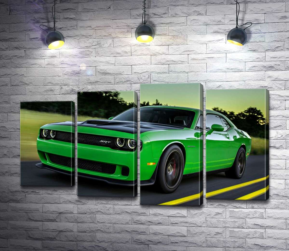 

Модульная картина ArtPoster Сочно-зеленый автомобиль Dodge Challenger Hellcat несется по дороге 132x75 см Модуль №21