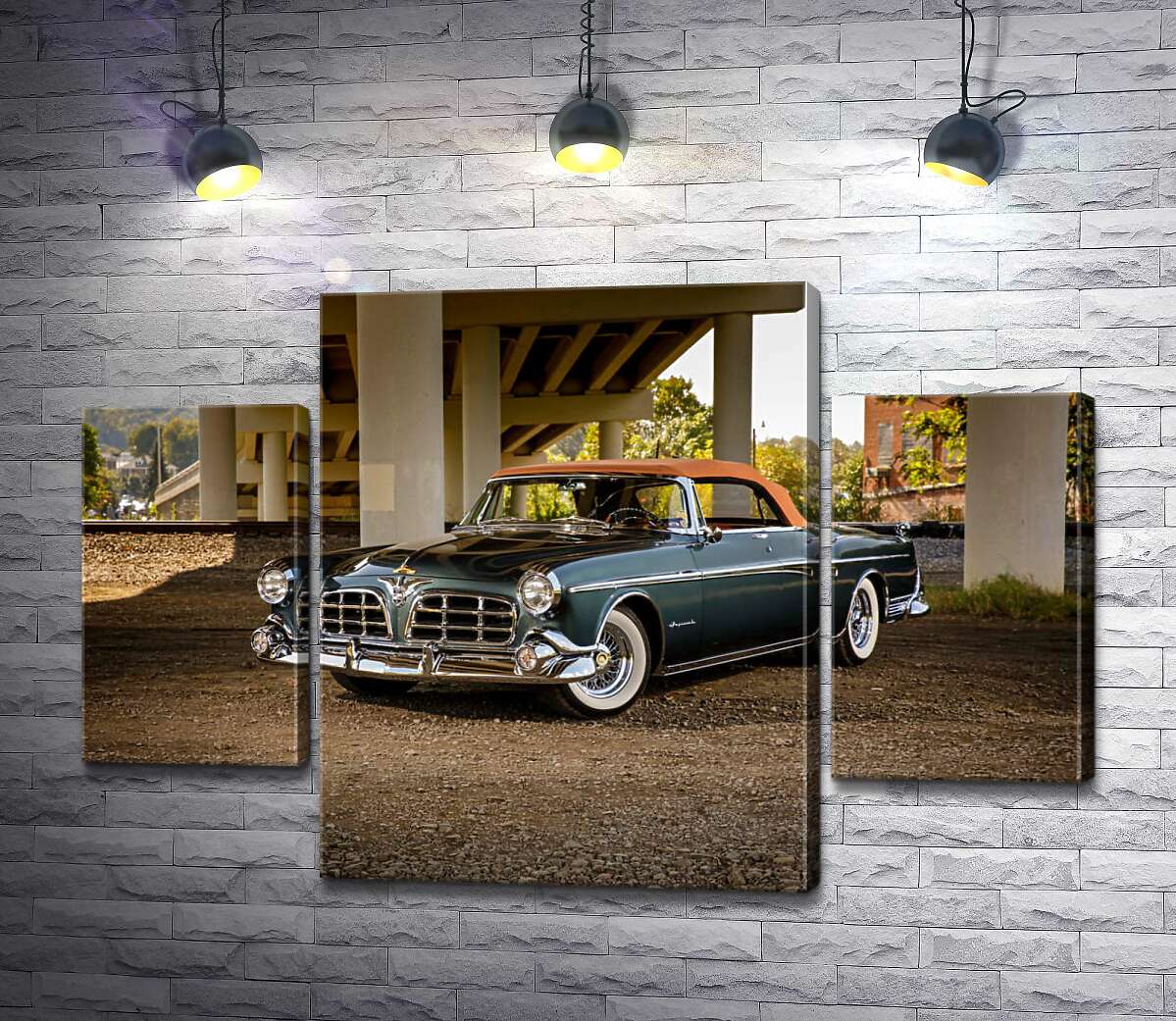 

Модульная картина ArtPoster Темный автомобиль кабриолет Chrysler 1955 стоит в тени моста 131x89 см Модуль №7