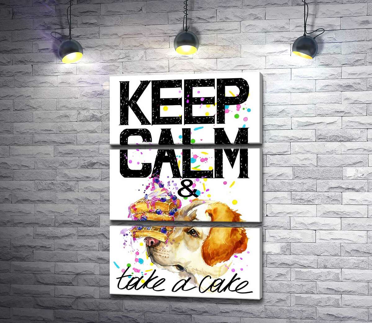 

Модульная картина ArtPoster Собака с тортом на носу среди надписи " keep calm and take a cake " 50x75 см Модуль №13
