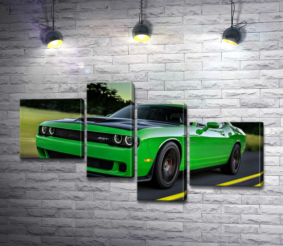 

Модульная картина ArtPoster Сочно-зеленый автомобиль Dodge Challenger Hellcat несется по дороге 130x74 см Модуль №20