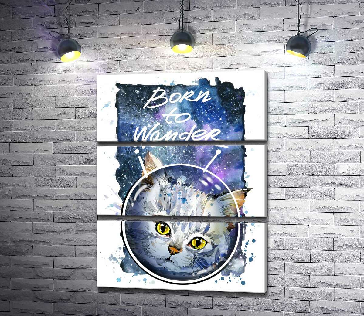 

Модульная картина ArtPoster Серый кот на космическом фоне с надписью "born to wander" 100x129 см Модуль №13
