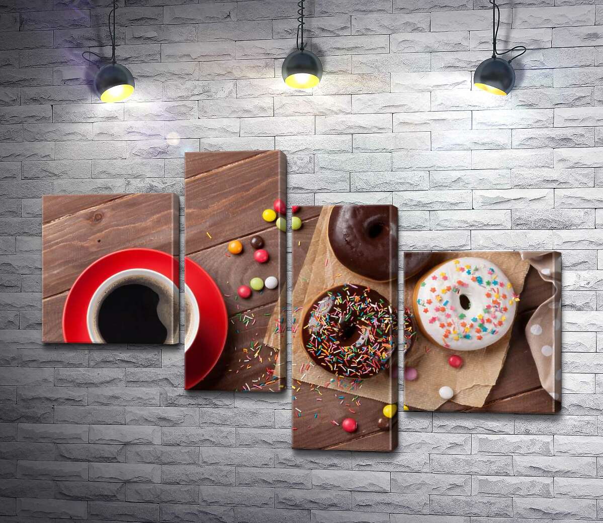 

Модульная картина ArtPoster Сладкий перекус: кофе с цветными донатсами 130x89 см Модуль №20