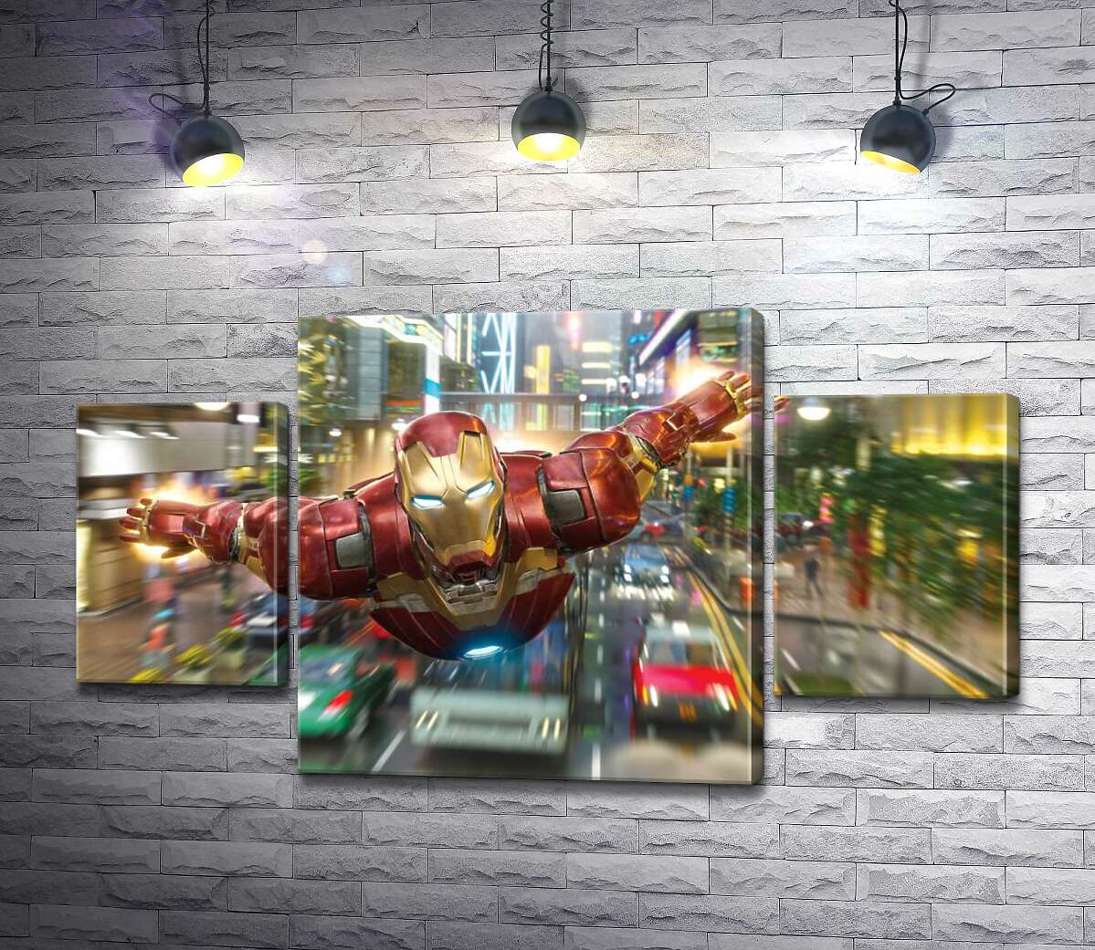 

Модульная картина ArtPoster Супергерой Железный человек (Iron Man) летит над дорогой мегаполиса 100x58 см Модуль №7