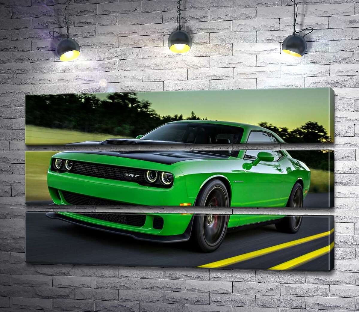 

Модульная картина ArtPoster Сочно-зеленый автомобиль Dodge Challenger Hellcat несется по дороге 107x60 см Модуль №13