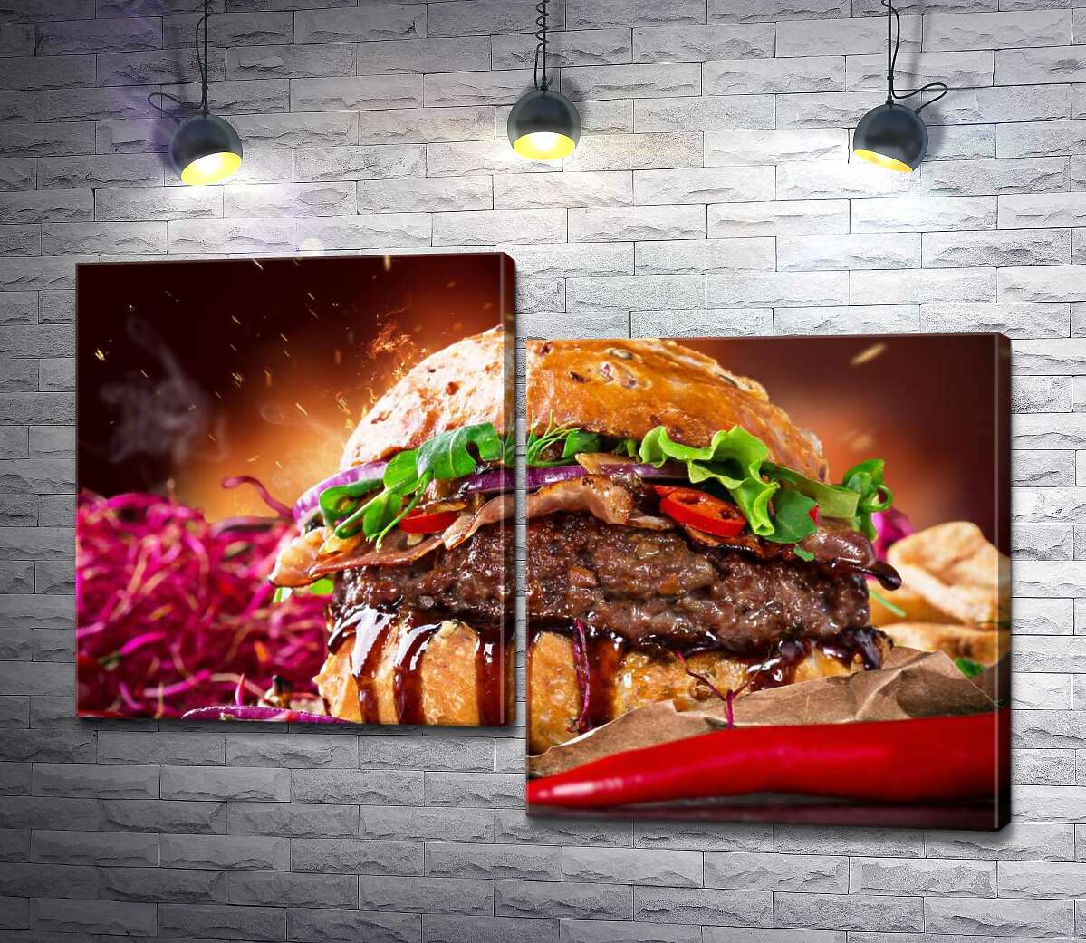 

Модульная картина ArtPoster Сочный бургер с шинкованным луком и перцами чили 100x68 см Модуль №5