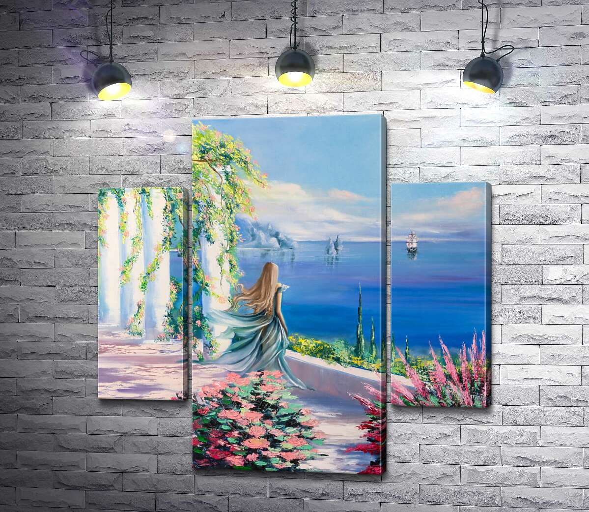 

Модульная картина ArtPoster Силуэт девушки, которая смотрит на море из сада 100x100 см Модуль №7