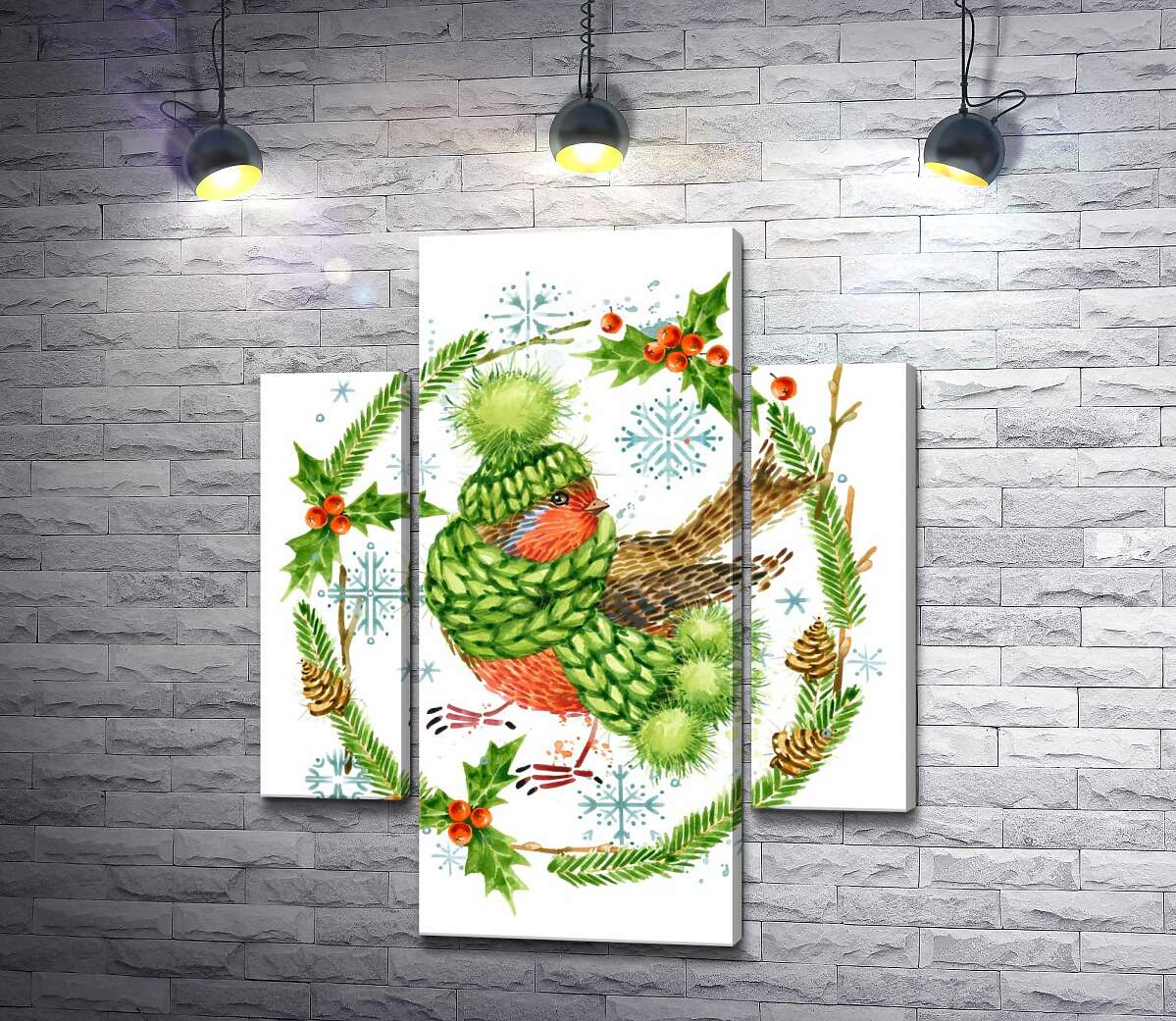 

Модульная картина ArtPoster Снегирь закутался в шапку и шарф среди венка из елки и остролиста 80x99 см Модуль №7