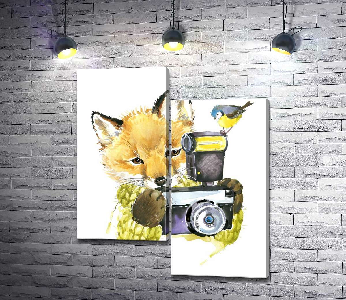 

Модульная картина ArtPoster Синица села на фотоаппарат рыжей лисы 130x155 см Модуль №5