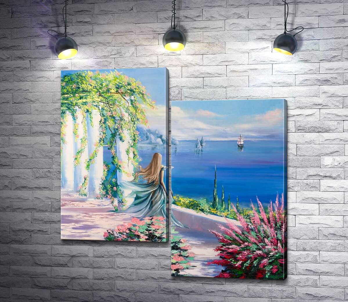 

Модульная картина ArtPoster Силуэт девушки, которая смотрит на море из сада 100x100 см Модуль №5