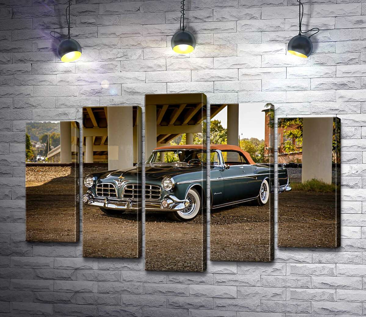 

Модульная картина ArtPoster Темный автомобиль кабриолет Chrysler 1955 стоит в тени моста 100x69 см Модуль №26