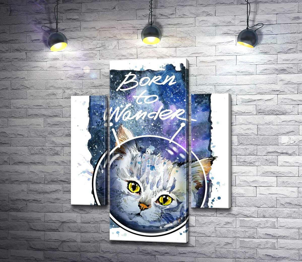 

Модульная картина ArtPoster Серый кот на космическом фоне с надписью "born to wander" 100x129 см Модуль №7