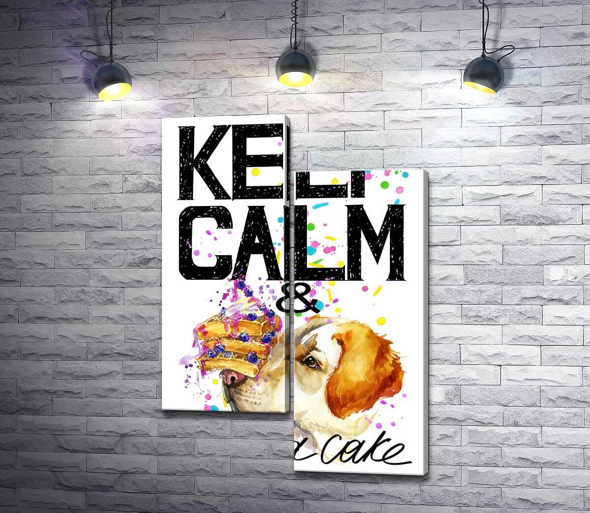 

Модульная картина ArtPoster Собака с тортом на носу среди надписи " keep calm and take a cake " 130x191 см Модуль №5