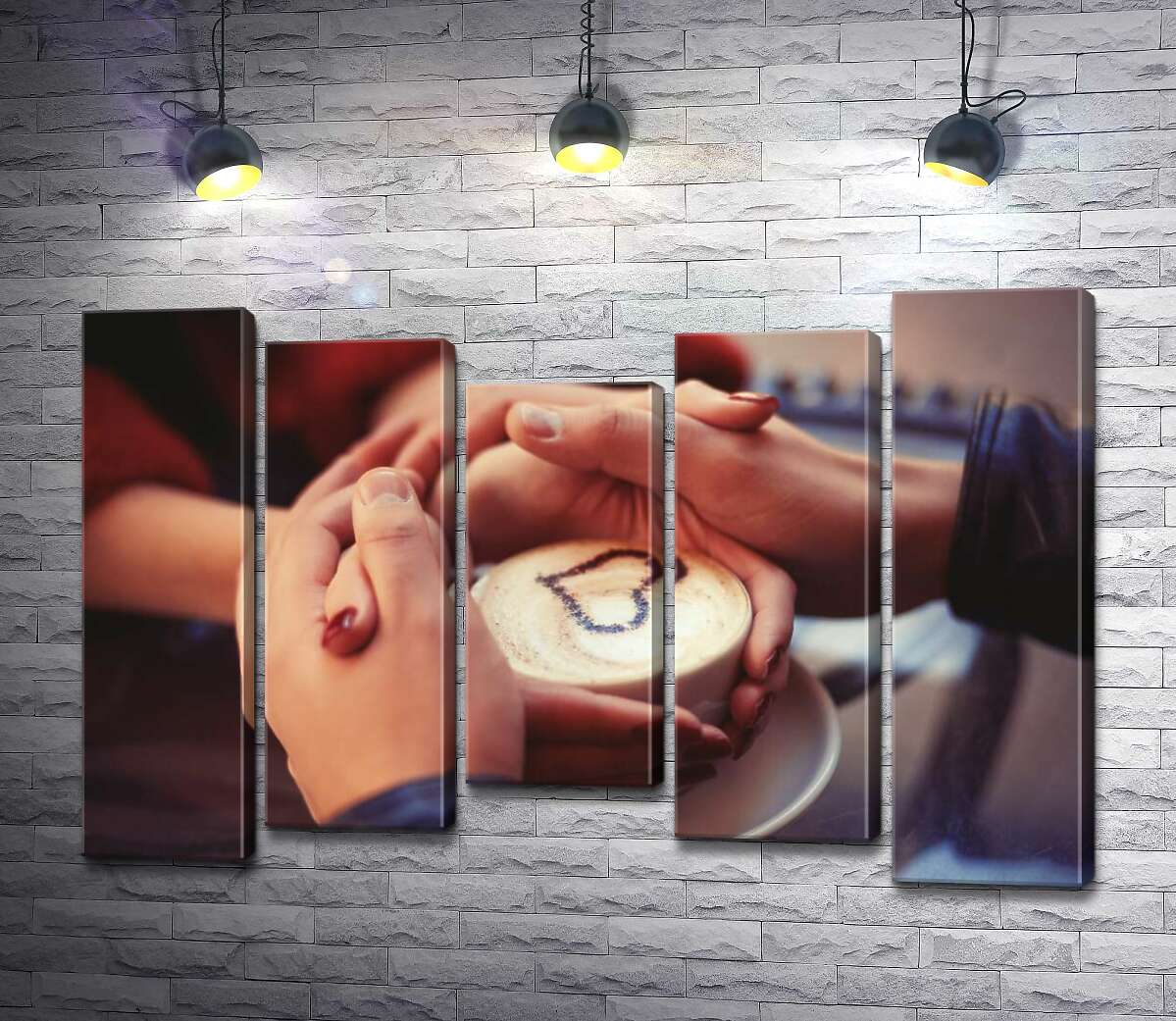 

Модульная картина ArtPoster Тепло чашки с кофе согревает руки влюбленных 130x88 см Модуль №28