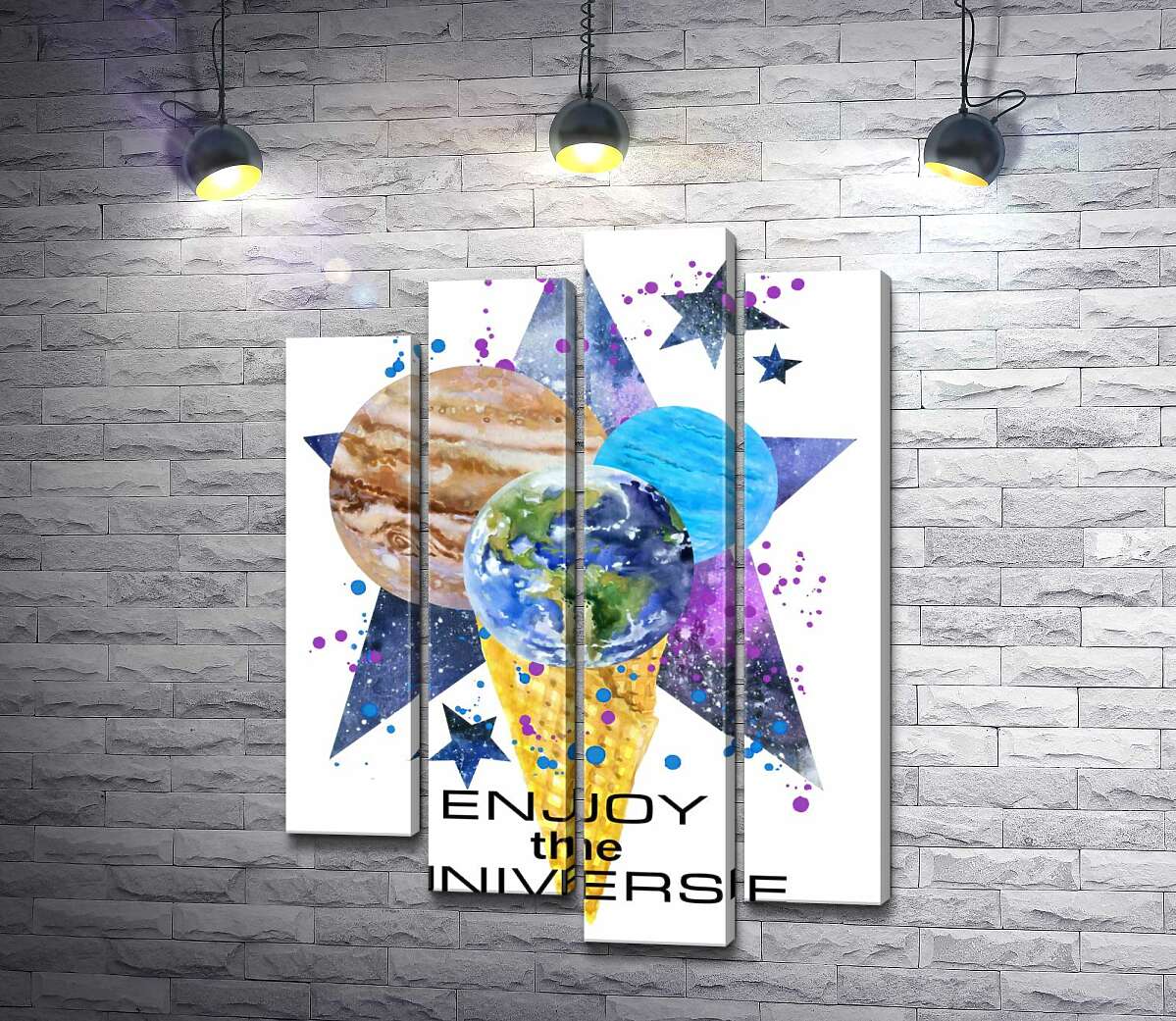

Модульная картина ArtPoster Три планеты в рожке мороженого на космическом фоне с надписью "enjoy the universe" 132x179 см Модуль №21