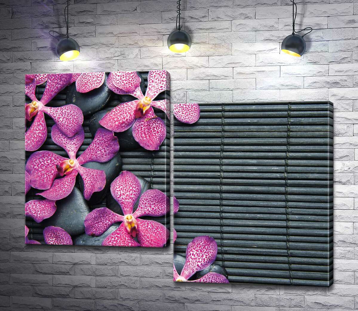 

Модульная картина ArtPoster Узор красочных орхидей и черных камней на бамбуковом коврике 130x99 см Модуль №5