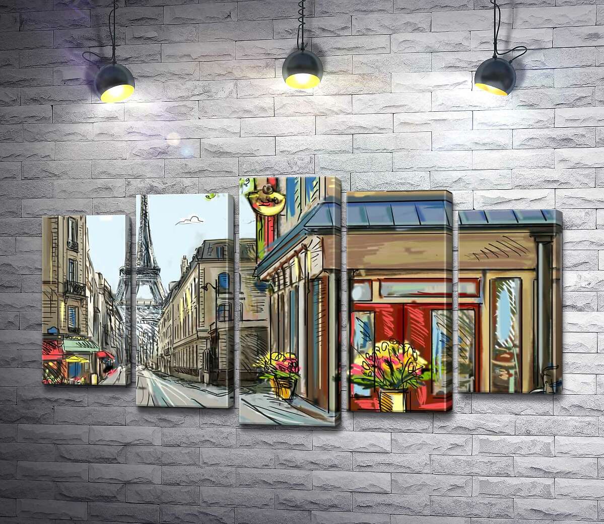 

Модульная картина ArtPoster Уютная парижская улица ведет мимо цветочного магазинчика к Эйфелевой башне (Eiffel tower) 100x59 см Модуль №26