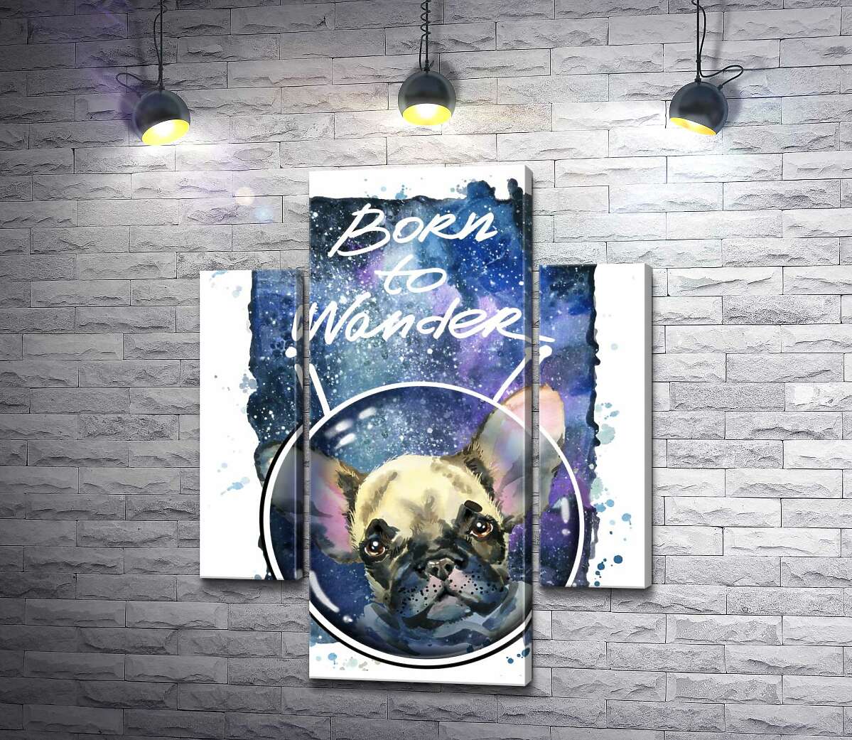 

Модульная картина ArtPoster Ушастый бульдог среди космоса с надписью "born to wander" 131x168 см Модуль №7