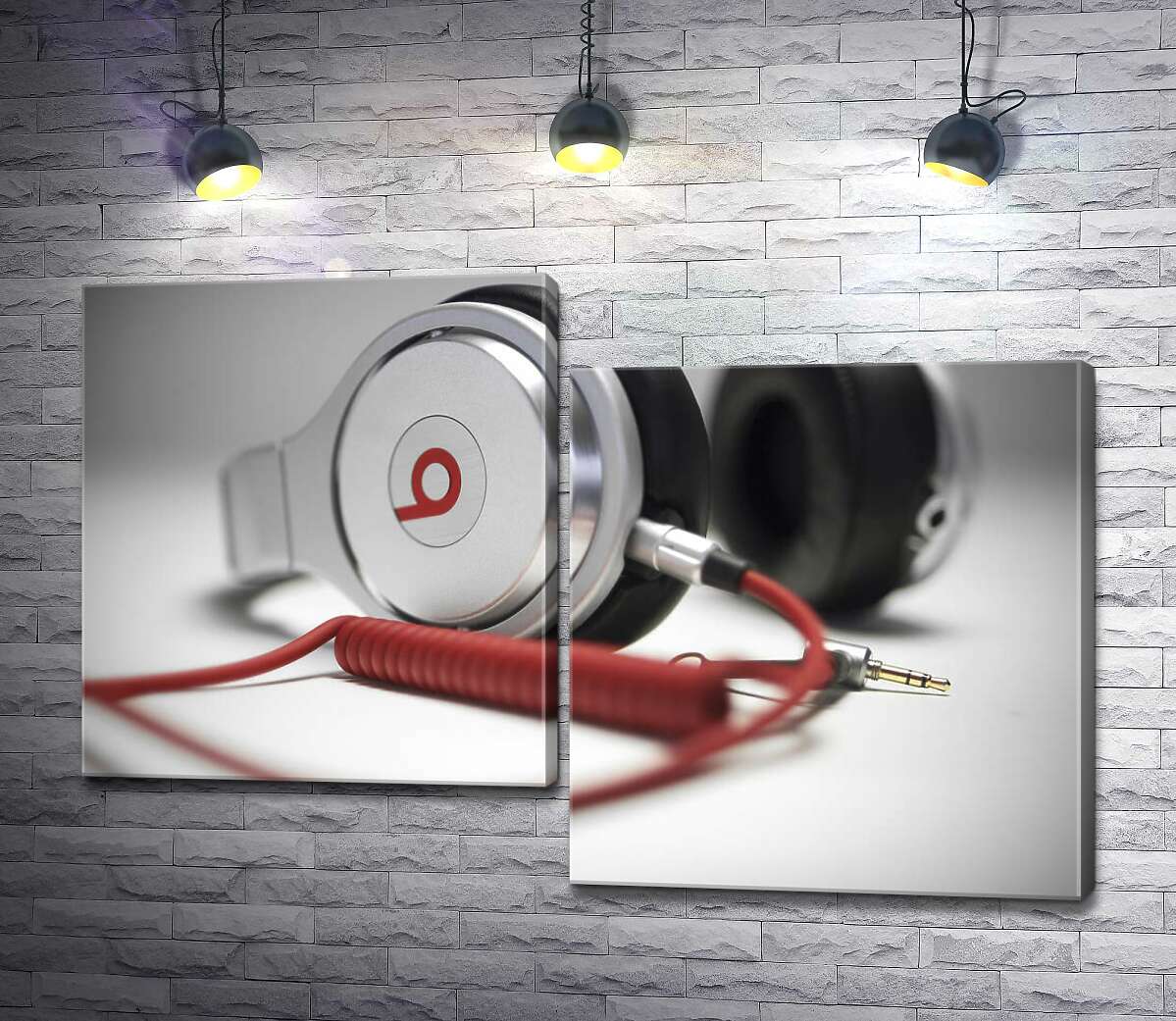 

Модульная картина ArtPoster Тонкие формы белого корпуса наушников Beats в сочетании с завитками красного провода 100x68 см Модуль №5