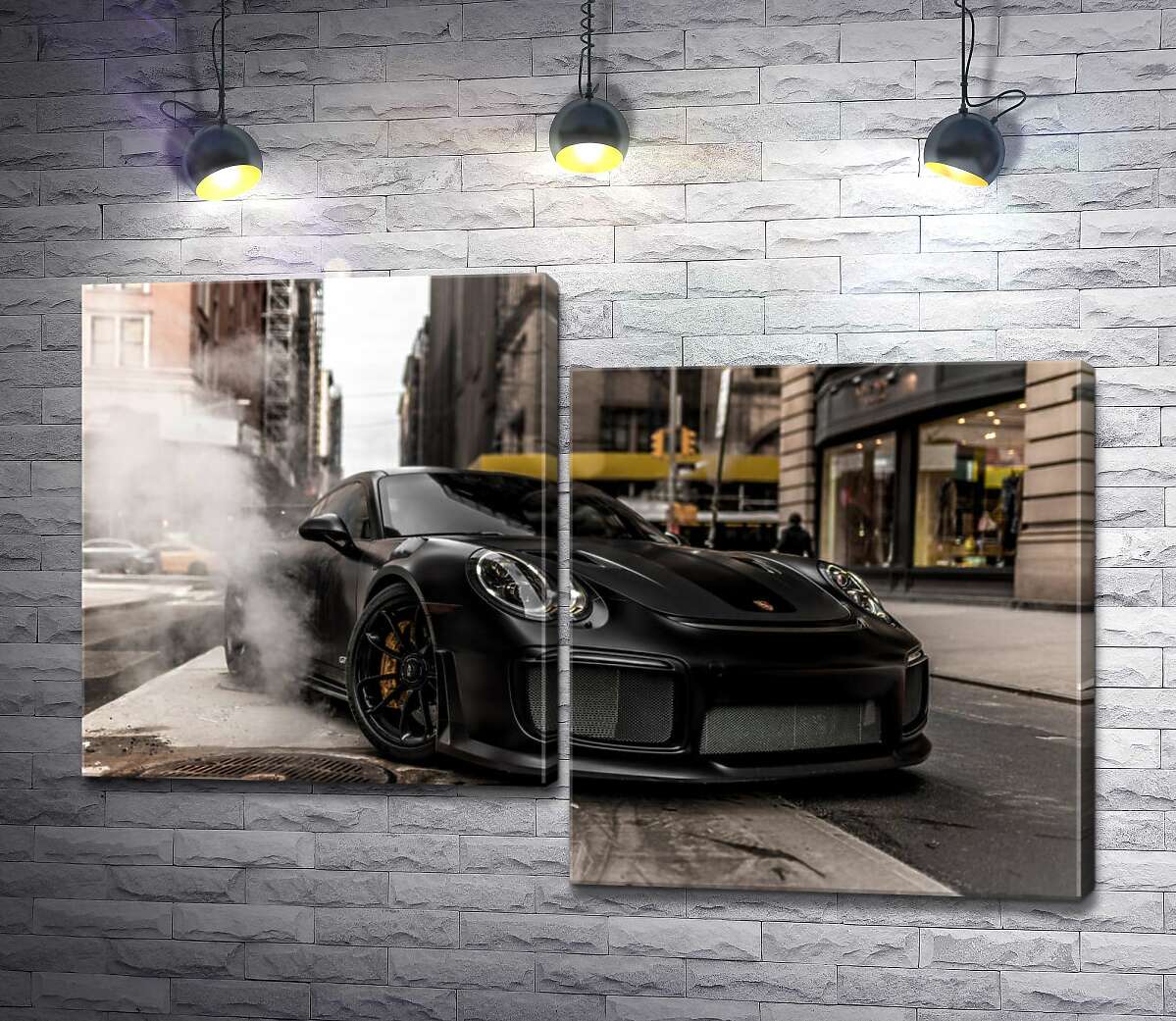 

Модульная картина ArtPoster Угольно-черный автомобиль Порше 911 среди улицы старого города 130x88 см Модуль №5