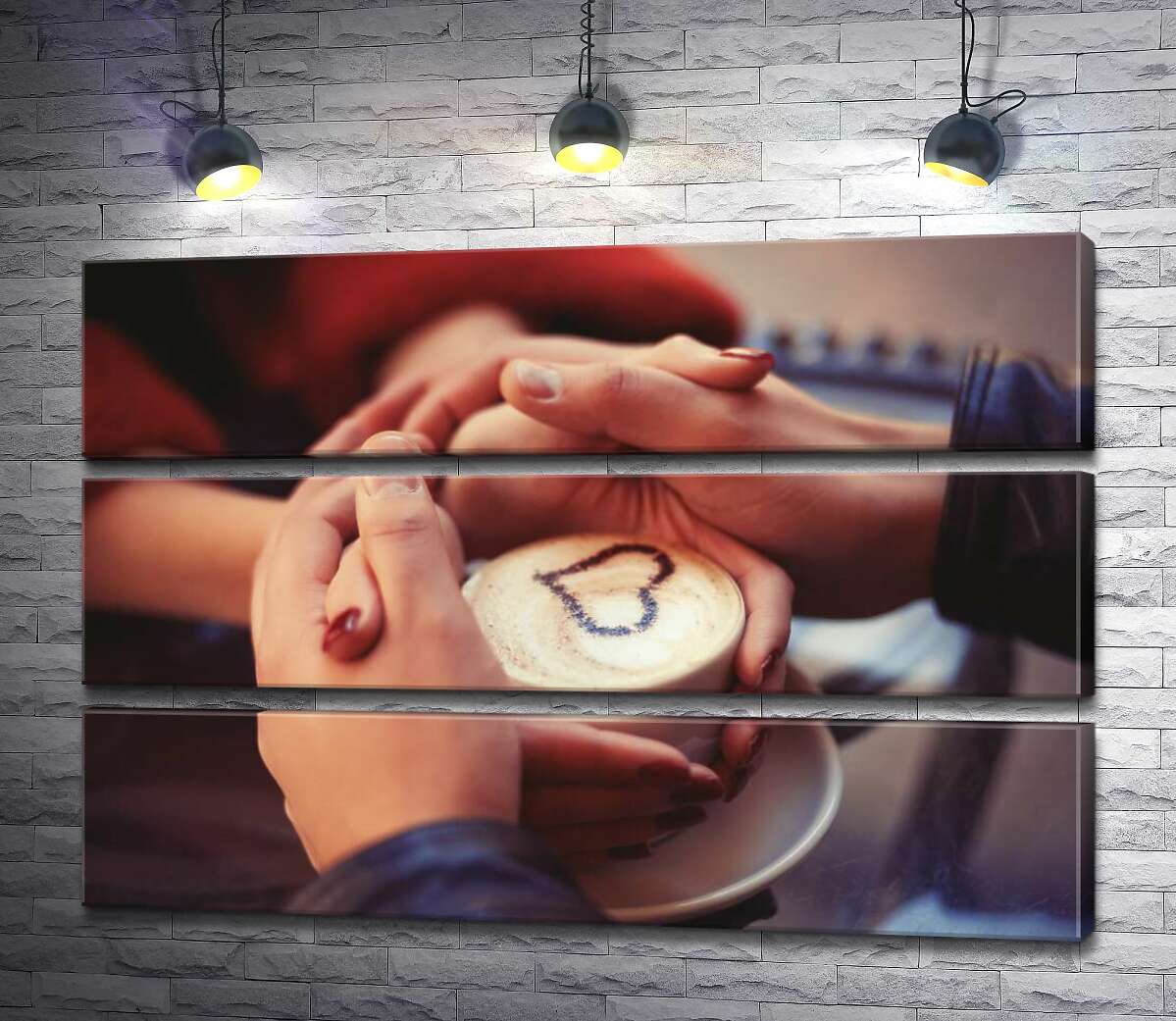 

Модульная картина ArtPoster Тепло чашки с кофе согревает руки влюбленных 130x87 см Модуль №13