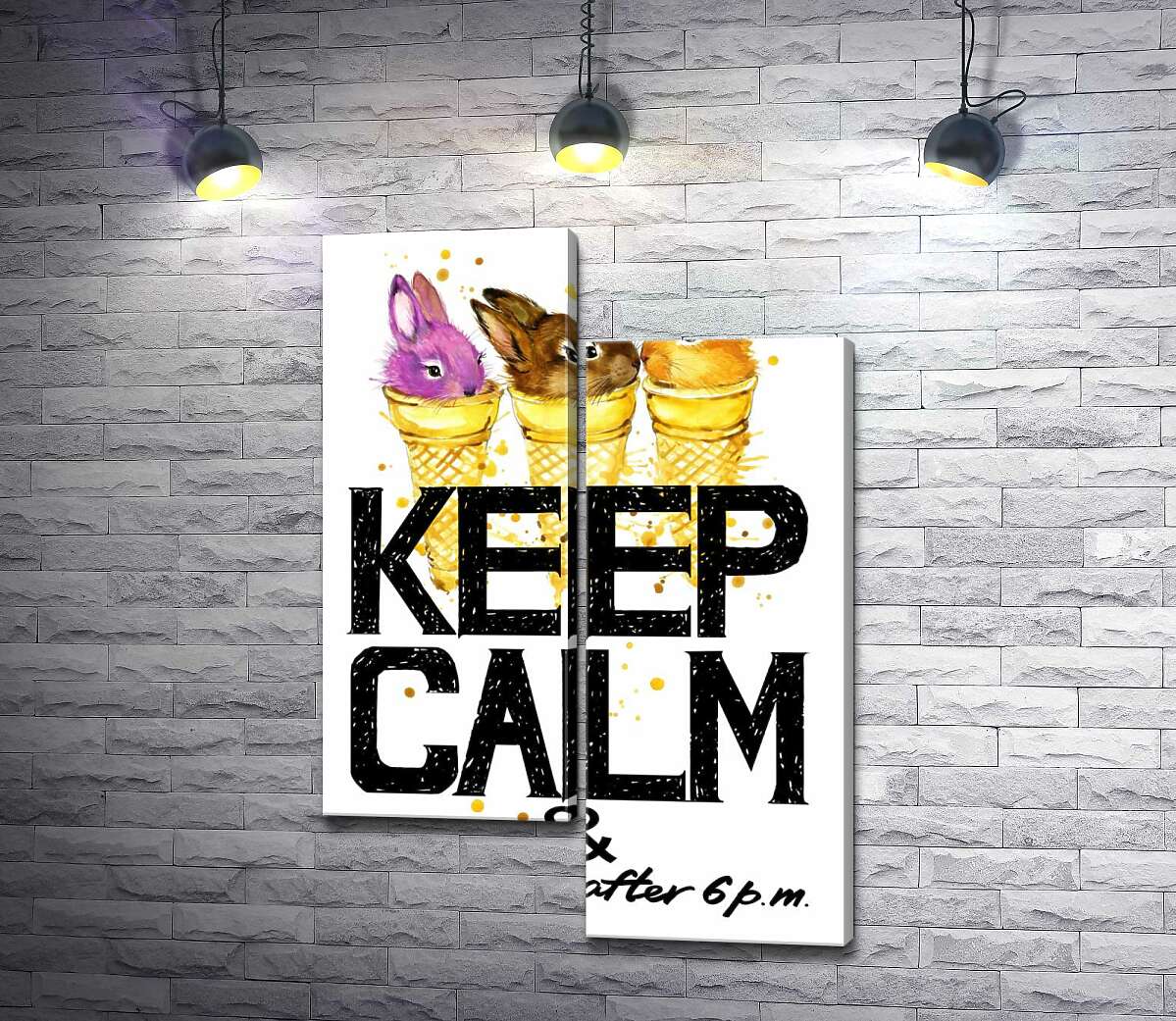 

Модульная картина ArtPoster Цветные зайцы в рожках мороженого над надписью "keep calm and don't eat after 6 p.m." 50x74 см Модуль №5