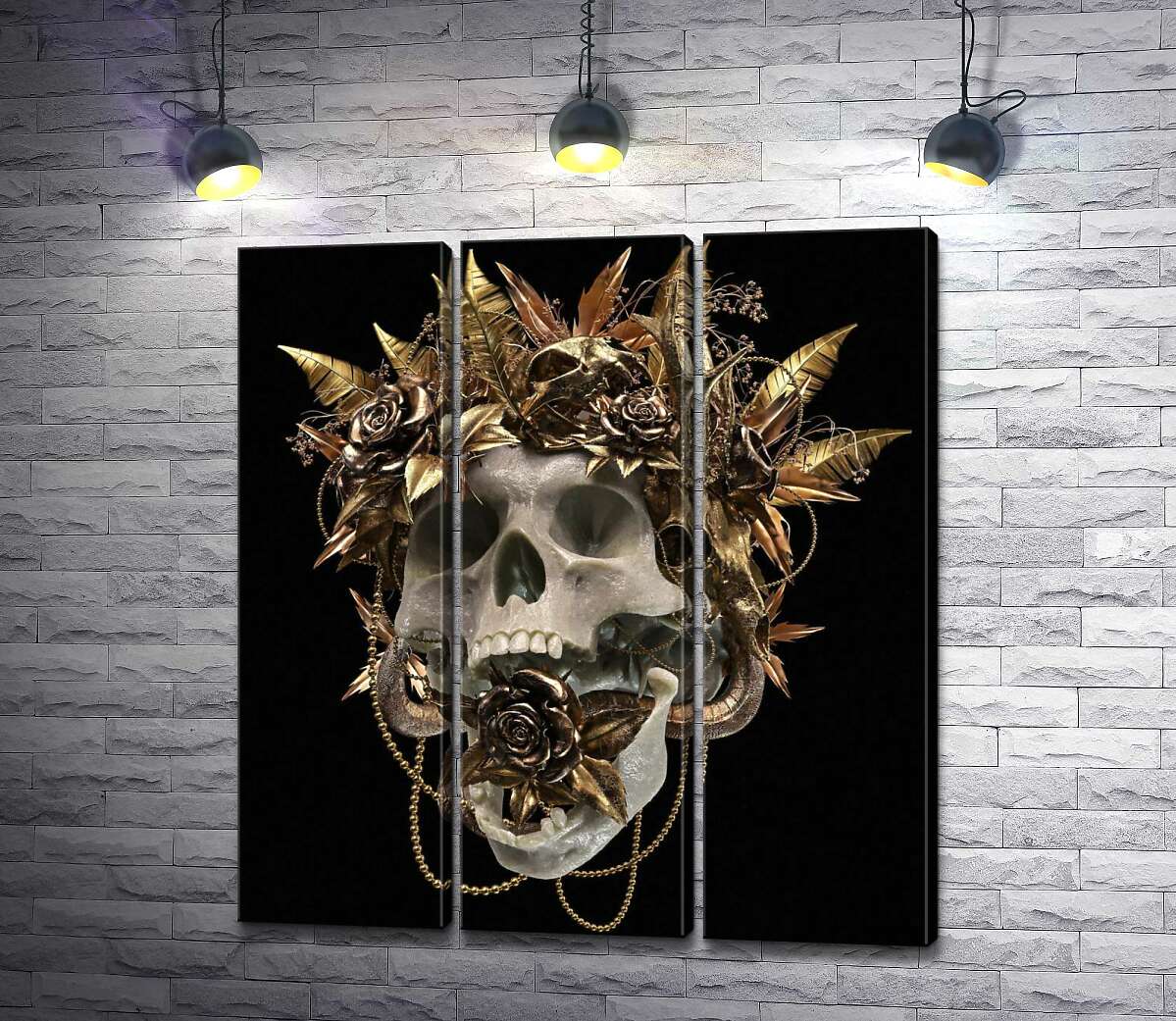 

Модульная картина ArtPoster Человеческий череп в золотом венке из роз 132x144 см Модуль №11