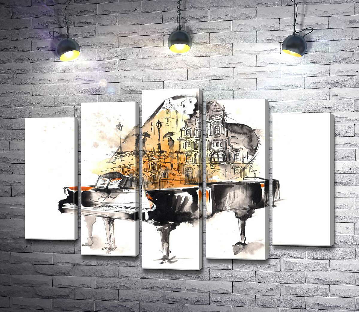 

Модульная картина ArtPoster Улица дождливого города на силуэте рояля 100x71 см Модуль №26