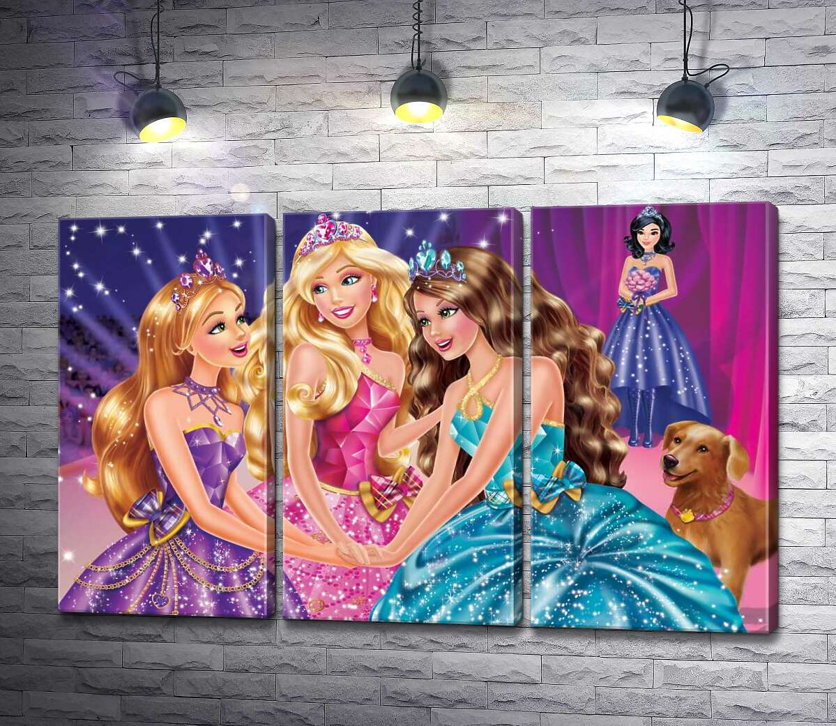 

Модульная картина ArtPoster Три подруги Блэр, Хайли и Айла на постере к мультфильму "Барби: Академия принцесс" (Barbie: Princess Charm School) 102x65 см Модуль №11