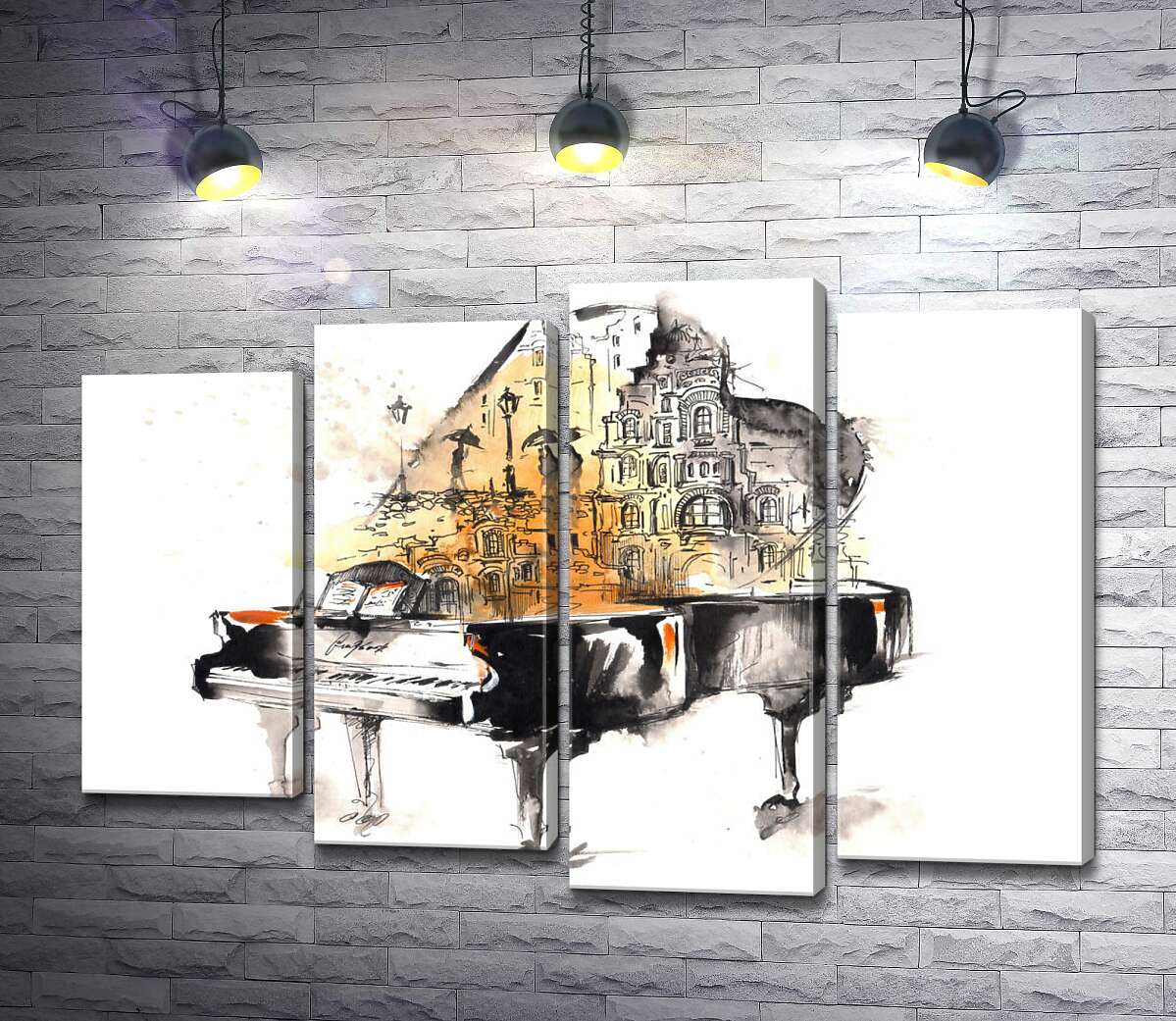 

Модульная картина ArtPoster Улица дождливого города на силуэте рояля 100x71 см Модуль №21
