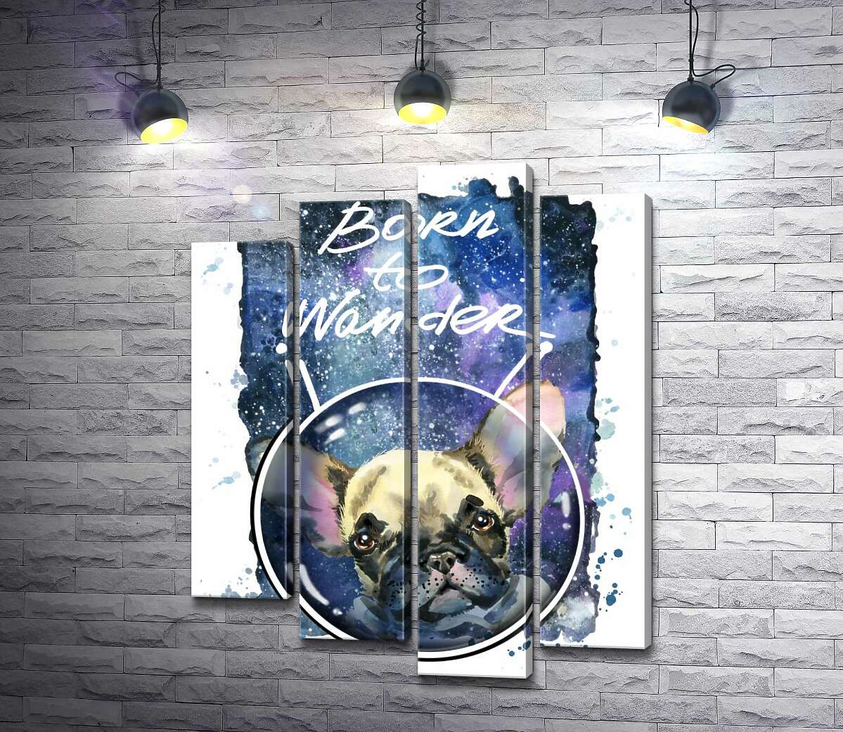 

Модульная картина ArtPoster Ушастый бульдог среди космоса с надписью "born to wander" 132x168 см Модуль №21