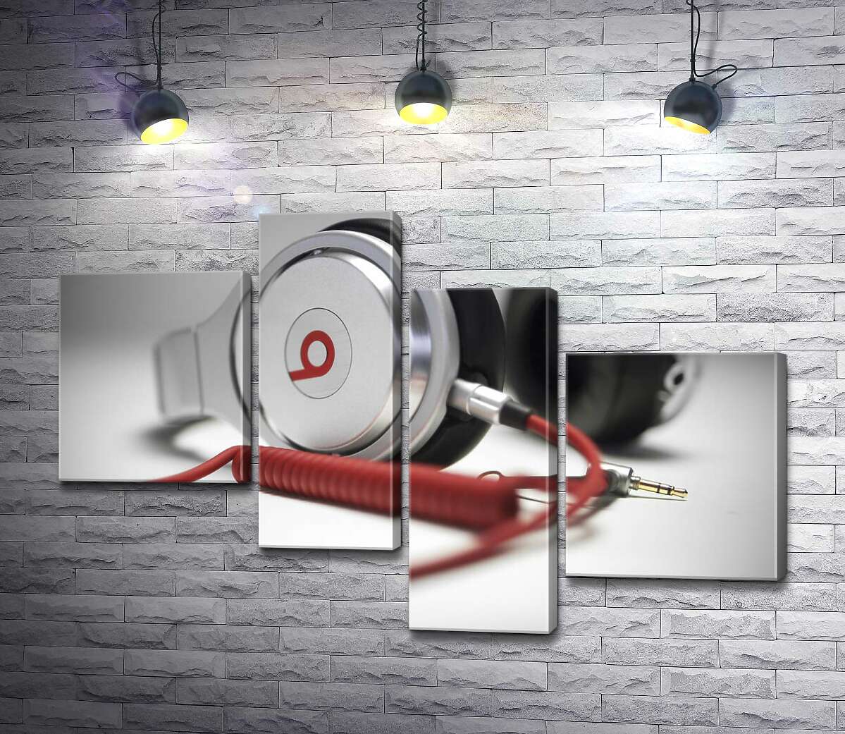 

Модульная картина ArtPoster Тонкие формы белого корпуса наушников Beats в сочетании с завитками красного провода 130x89 см Модуль №20