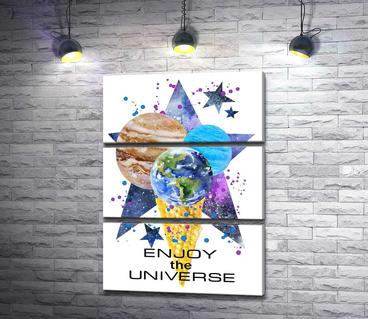 

Модульная картина ArtPoster Три планеты в рожке мороженого на космическом фоне с надписью "enjoy the universe" 50x69 см Модуль №13