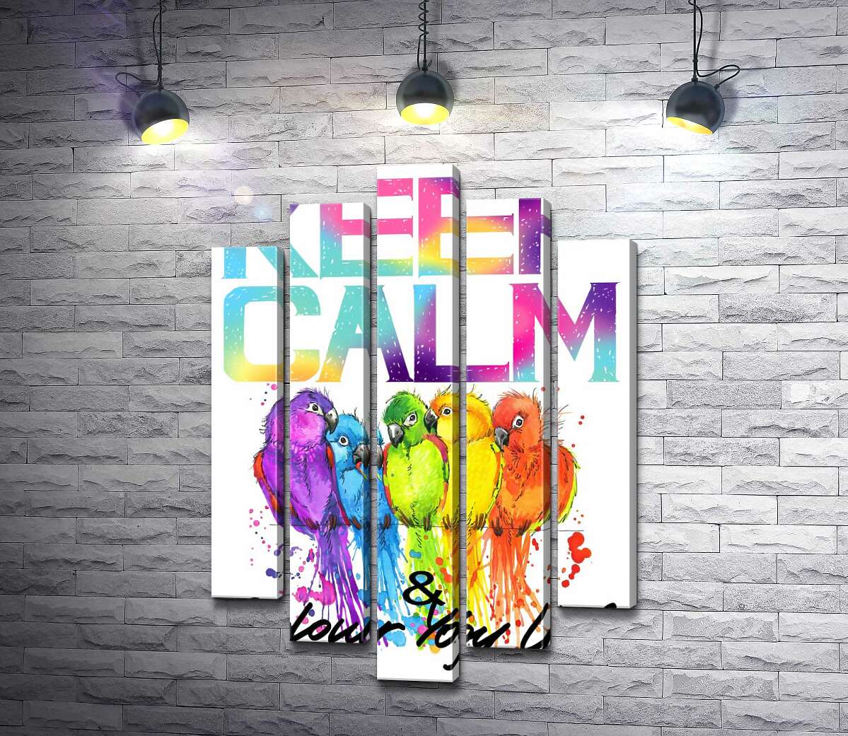 

Модульная картина ArtPoster Яркое оперение попугаев среди надписи "keep calm and colour your life" 130x192 см Модуль №26