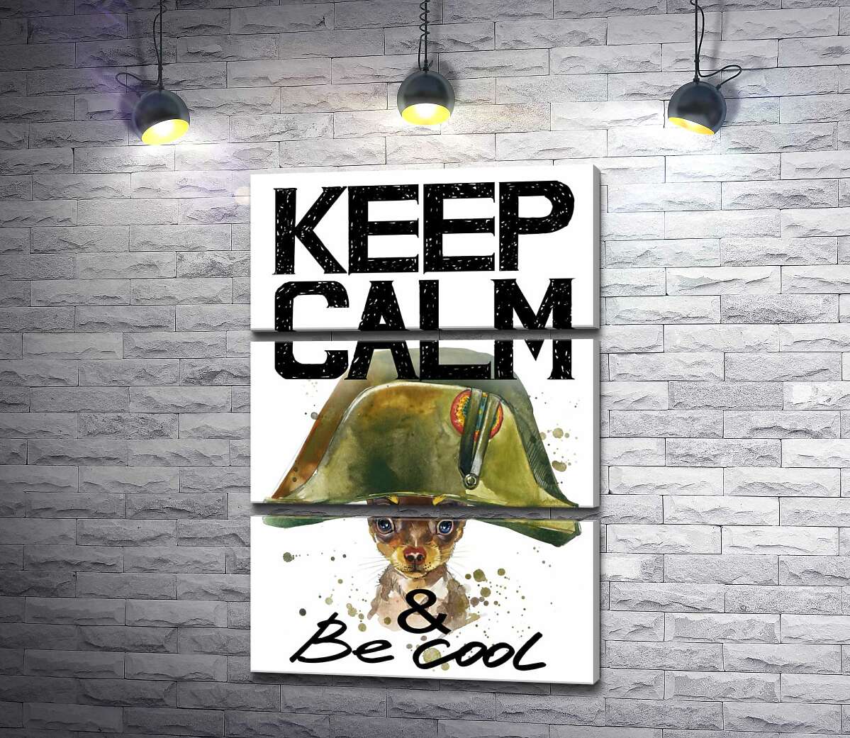 

Модульная картина ArtPoster Чихуахуа в шапке Наполеона среди надписи "keep calm and be cool" 50x75 см Модуль №13