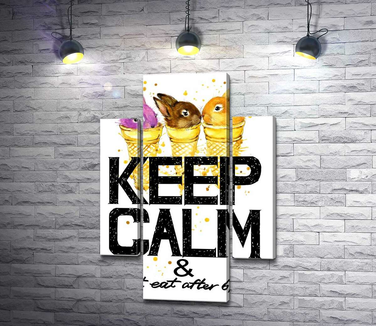 

Модульная картина ArtPoster Цветные зайцы в рожках мороженого над надписью "keep calm and don't eat after 6 p.m." 131x190 см Модуль №7