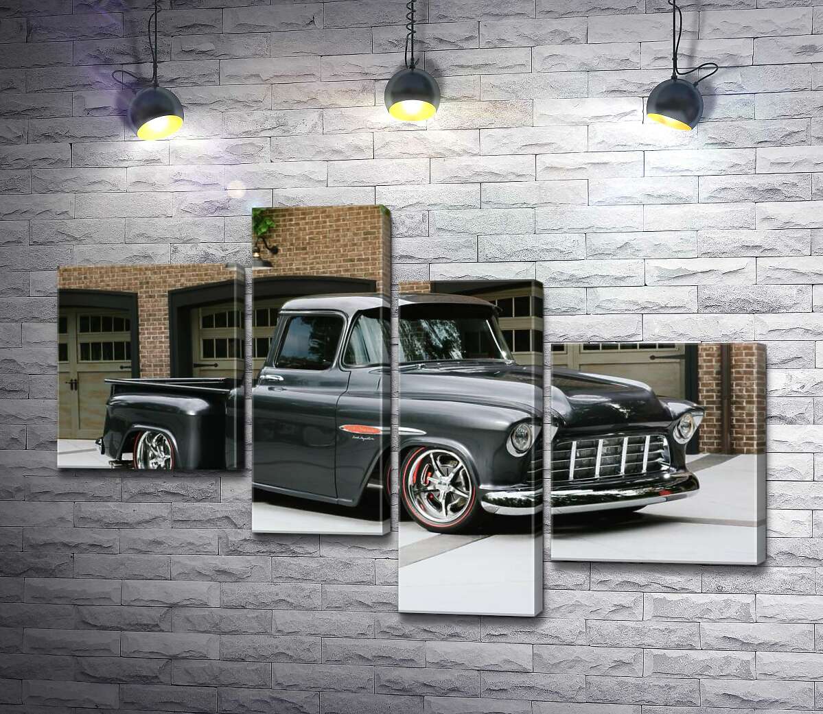 

Модульная картина ArtPoster Черный автомобиль Chevrolet Pickup 1955 перед въездами в гаражи 100x69 см Модуль №20