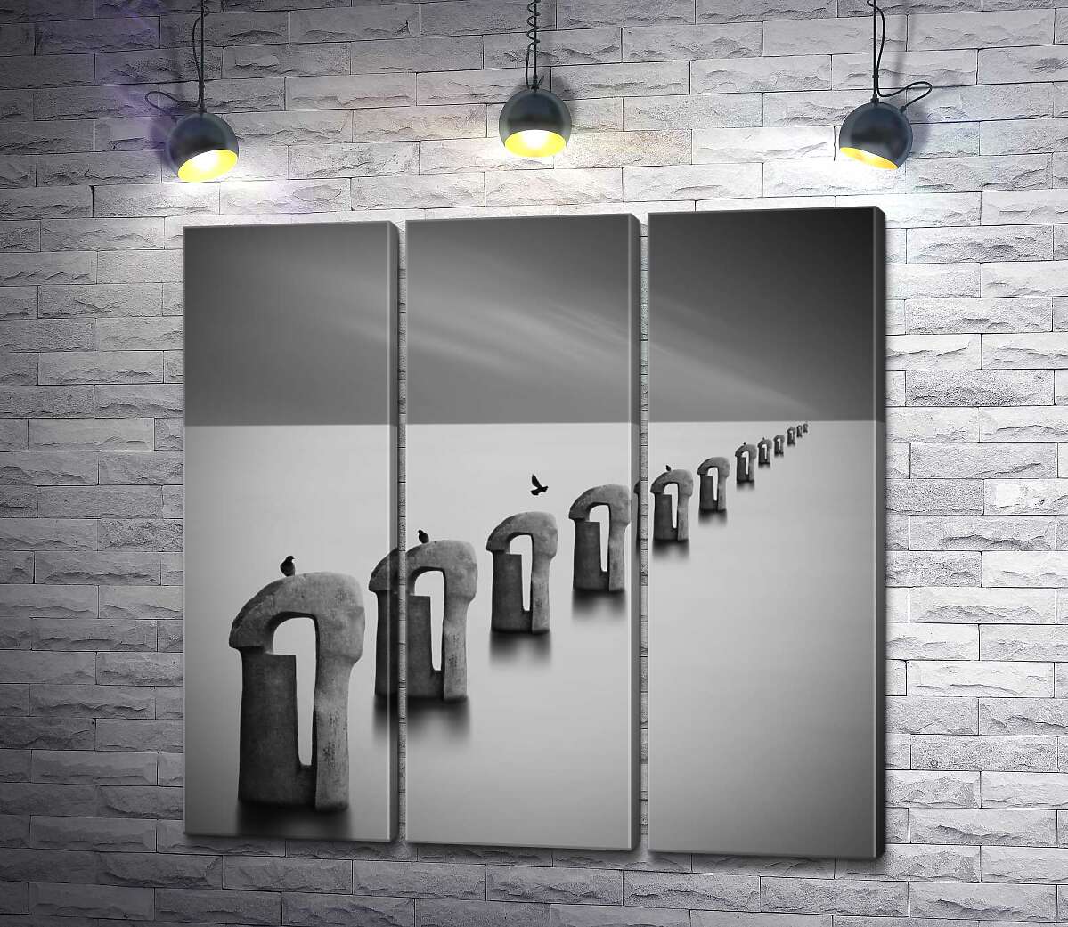 

Модульная картина ArtPoster Черно-белая перспектива каменных статуй с птицами в тумане 132x130 см Модуль №11